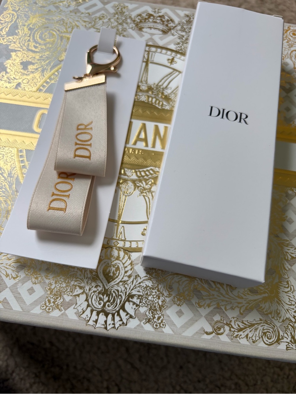 Dior Cream Ribbon Key Holder with Gold